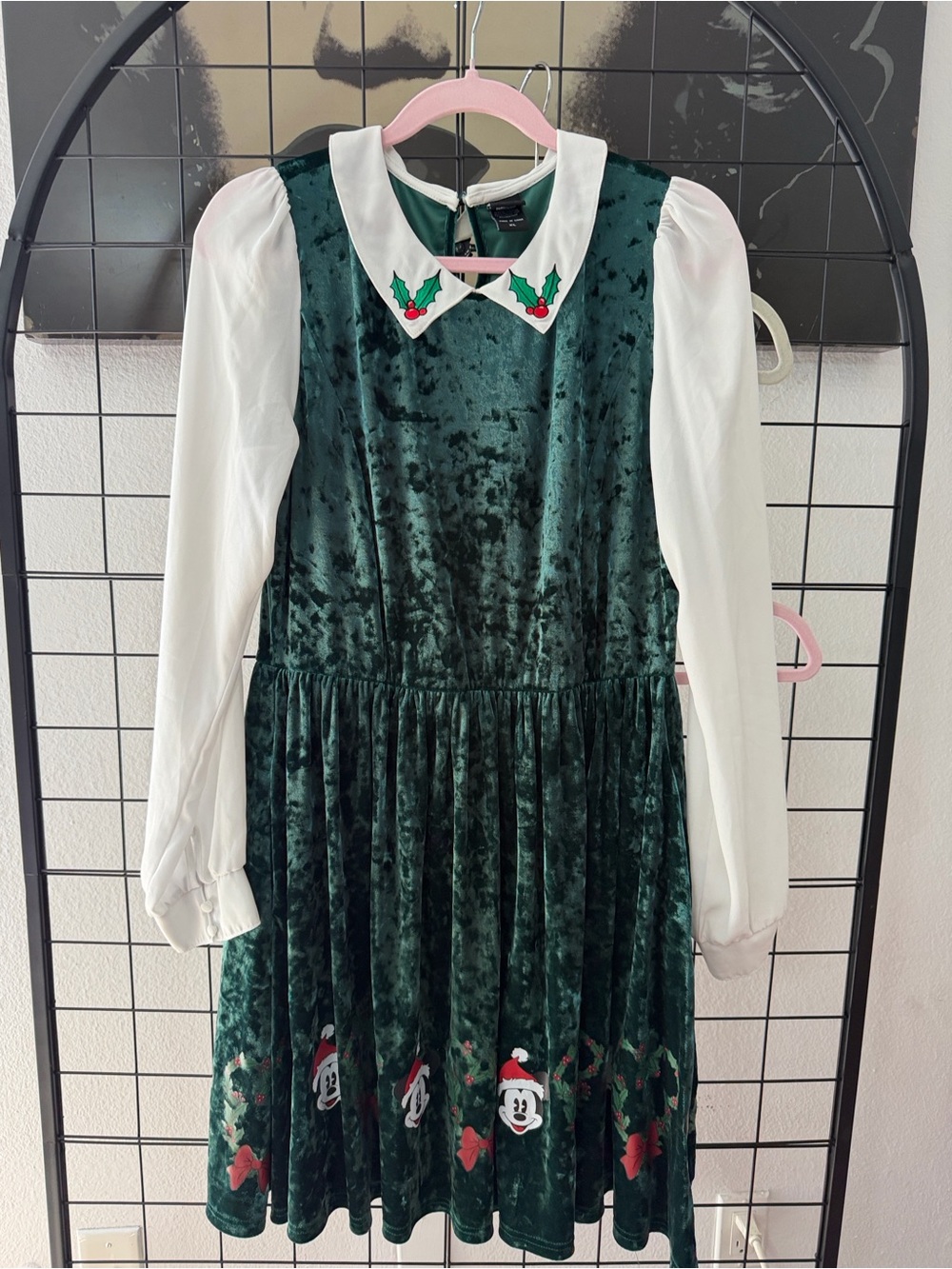 Preloved: Disney Green Velvet Holiday Dress with White Collar and Sleeves